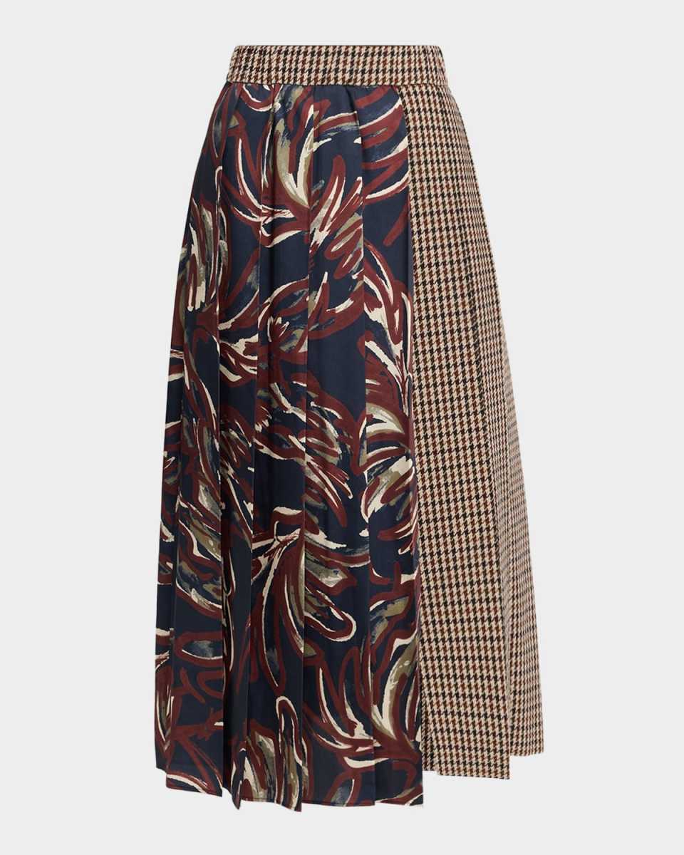 Fanale Pleated Houndstooth & Floral Wool-Blend Midi Skirt